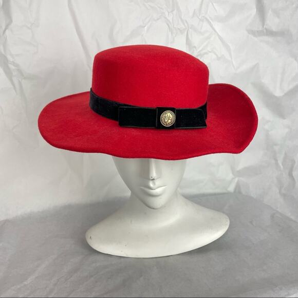 Vintage Red Bolero Hat 100% Wool Felt Black Ribbon and Coin - Picture 3 of 10